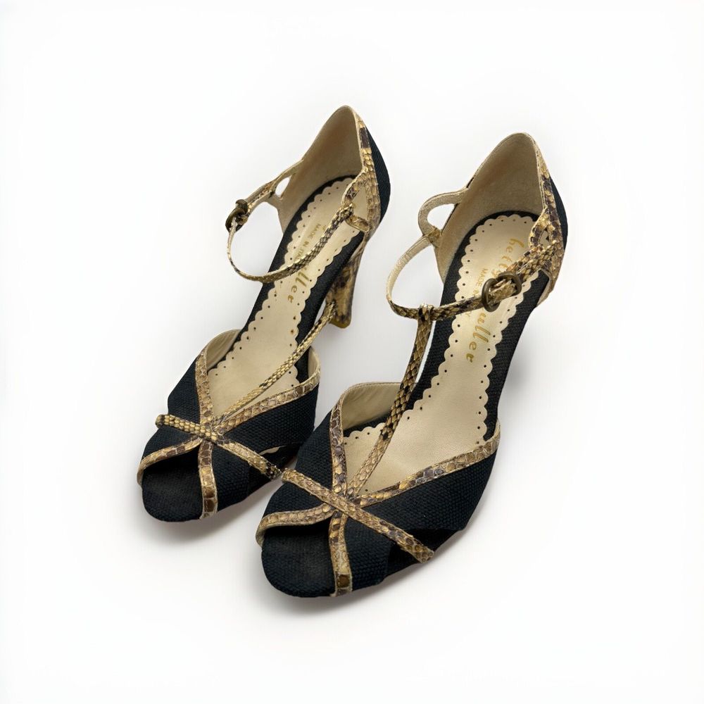 Vintage Bettye Muller Italy Snakeskin Heels Black T Strap Leather Pump 8.5